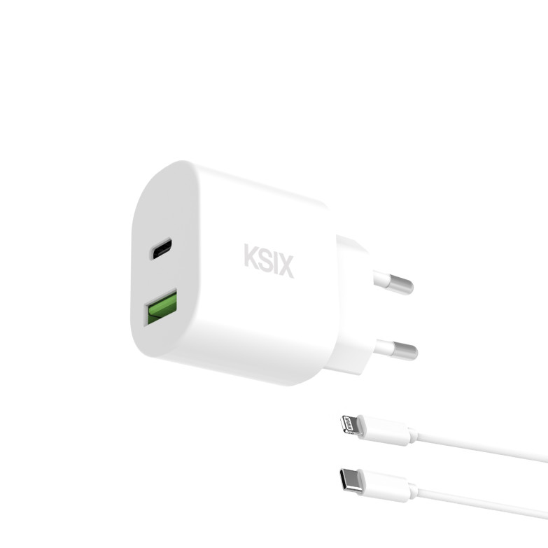 Cargador de red 20W KSIX, Power Delivery, Carga rápida, GaN, USB-C + USB-A, Cable USB-C a Lightning 1 m, Blanco