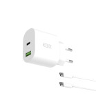 Cargador de red 30W KSIX, Power Delivery, Carga Ultrarrápida, GaN, USB-C + USB-A, Cable USB-C a USB-C 1 m, Blanco