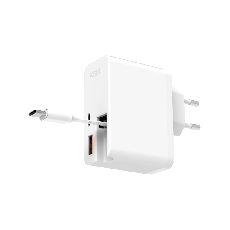 KSIX 65W Ultra-Fast Charger with USB-C Power Delivery, USB-A Quick Charge, and Built-in Retractable USB-C Cable