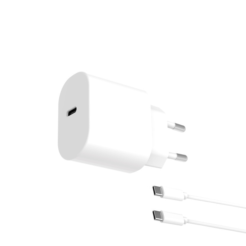 Cargador de red Contact 20W, Power Delivery, Carga rápida, USB-C + Cable USB-C a USB-C 1 m, Blanco