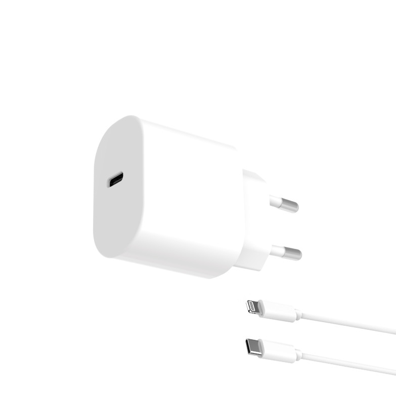 Cargador de red Contact 20W, Power Delivery, Carga rápida, USB-C + Cable USB-C a Lightning 1 m, Blanco