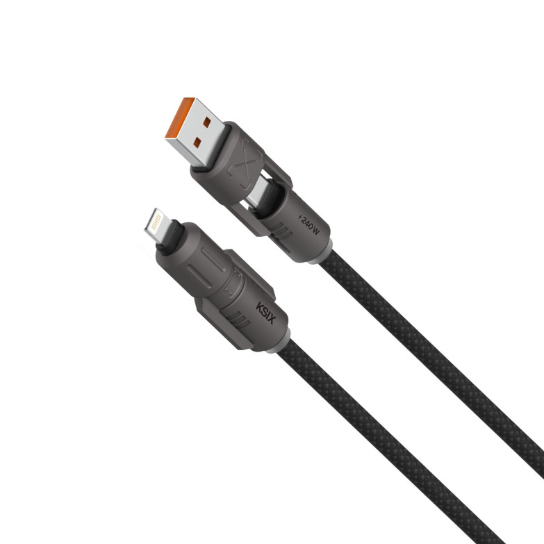 Cable de carga y datos KSIX, 1m, cabezales plegables USB-A/USB-C a USB-C/Lightning, Carga ultrarrápida 240W, Trenzado, Negro