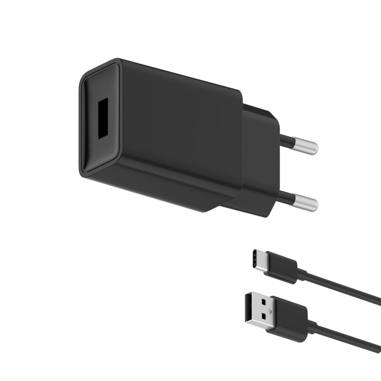 Cargador de red Contact 10 W, USB-A + Cable USB-A a USB-C 1 m, Negro