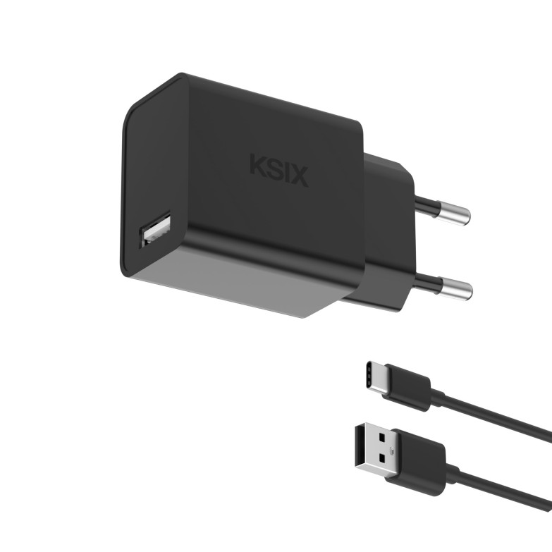 KSIX 12W wall charger, USB-A, + 1 m USB-A to USB-C cable, Black